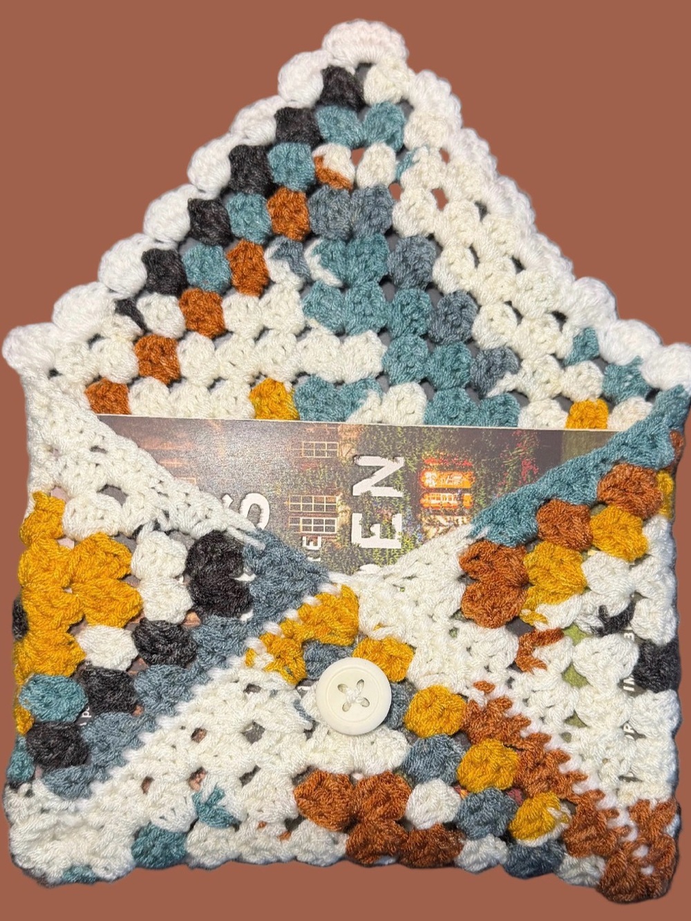Handmade White Multicolor Crochet Envelope Pouch with Button Closure